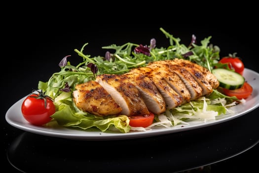 Grilled chicken fillet with salad on a black reflective surface. Healthy food, keto diet. Generative AI photo