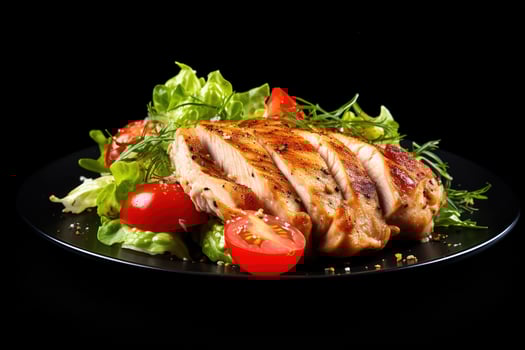 Grilled chicken fillet with salad on a black reflective surface. Healthy food, keto diet. Generative AI photo