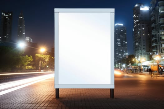 white blank advertising billboard. street mockup panel. digital lightbox poster ad banner board. bus shelter advertising. green park background. vertical format sign. Generated AI photo
