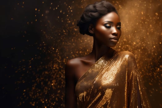 African american woman gold sparkling face. Generate Ai photo