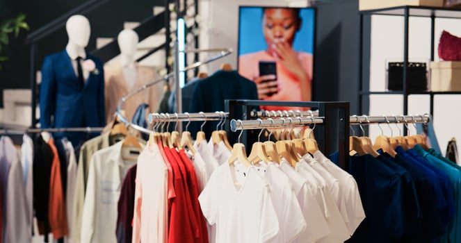 Empty clothing store in shopping mall, new fashion collection on shelf. Fashionable clothes on hangers and racks, modern boutique filled with merchandise and accessories at sale for customers photo