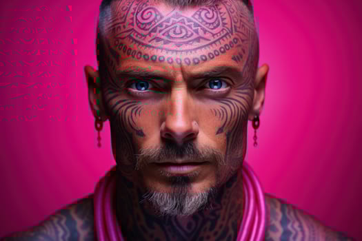 Portrait of ethnic facial tattoos isolated on a mystical magenta to ancient ochre gradient background photo