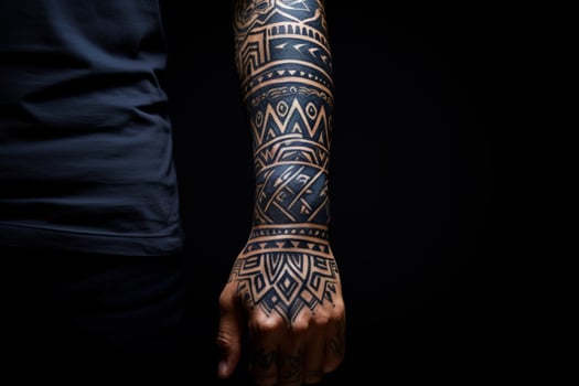 Monochrome ethnic tattoos emphasized with profound indigo and terracotta splashes photo