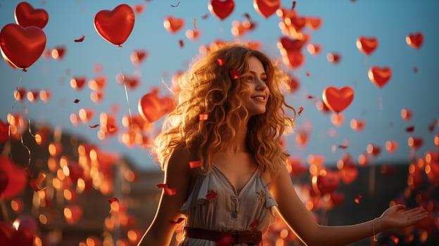 a woman is surrounded by red hearts. AI Generated photo