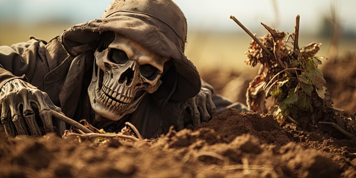A skeleton lay on the spooky ground. Skeleton like death by Generative AI photo