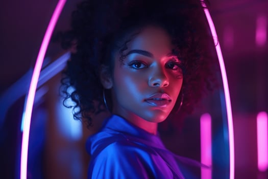 portrait of young african american woman in neon light. AI Generated photo