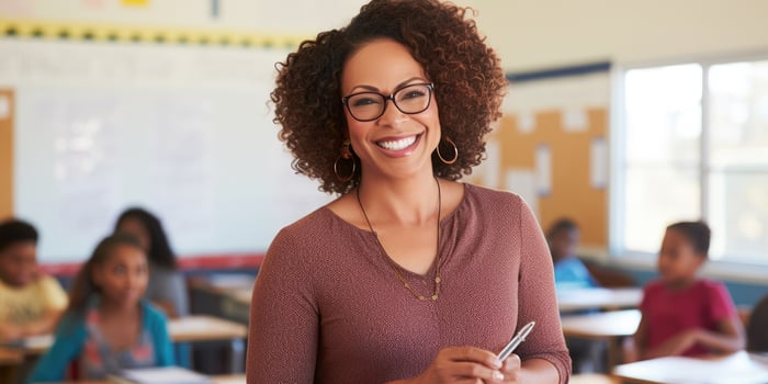 smiling African American woman teaching in classroom. AI Generated photo