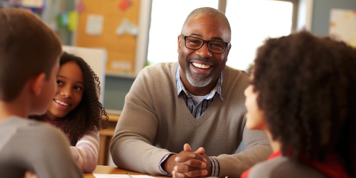 smiling African American man wearing glasses teaching in classroom. AI Generated photo