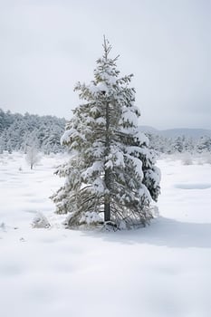 Pine trees or decorated christmas tree covered by snow on beautiful winter. Christmas theme outdoors by AI Generated photo