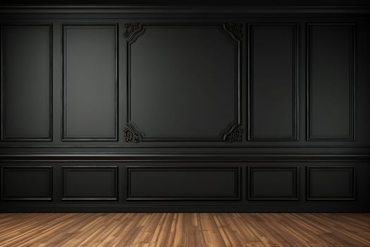 Modern classic black empty interior with wall panels and wooden floor. 3d render illustration mock up. generative ai. photo
