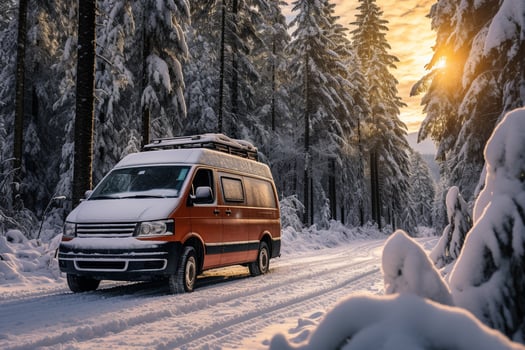 Van parked amidst snow draped pines narrating tales of chilly wilderness encounters photo