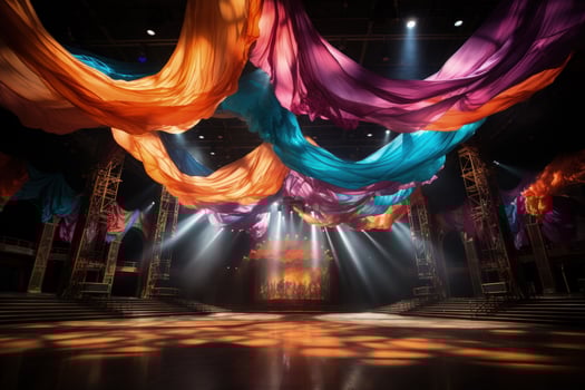 Breathtaking aerial silk display encircled by a carnival of colorful circus props photo