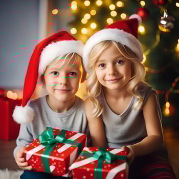Happy kid with a christmas gift boxes with a decorated christmas tree in a room - Generated image photo