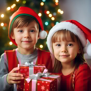 Happy kid with a christmas gift boxes with a decorated christmas tree in a room - Generated image photo