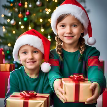 Happy kid with a christmas gift boxes with a decorated christmas tree in a room - Generated image photo