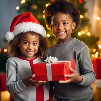 Happy kid with a christmas gift boxes with a decorated christmas tree in a room - Generated image photo