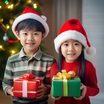 Happy kid with a christmas gift boxes with a decorated christmas tree in a room - Generated image photo