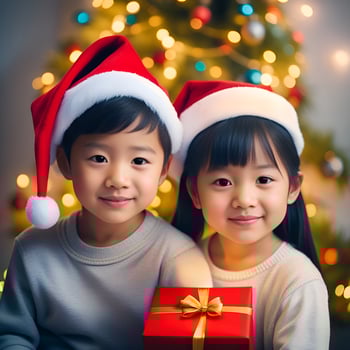 Happy kid with a christmas gift boxes with a decorated christmas tree in a room - Generated image photo