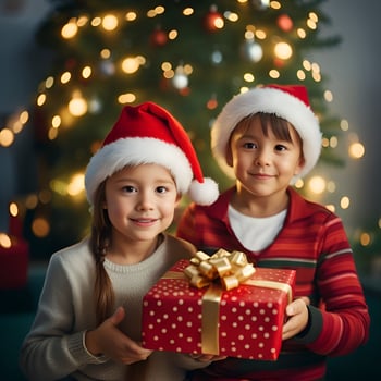Happy kid with a christmas gift boxes with a decorated christmas tree in a room - Generated image photo