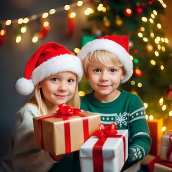 Happy kid with a christmas gift boxes with a decorated christmas tree in a room - Generated image photo