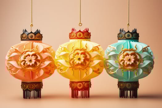 Colorful dragon shaped lanterns celebrating Lunar New Year isolated on a gold gradient background photo