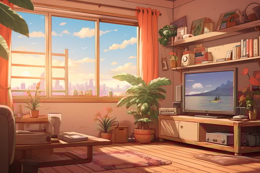 Bedroom interior with city view from window. Room cartoon style. Generative AI photo