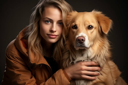 A therapy dog comforting a tearful individual isolated on a gradient background photo