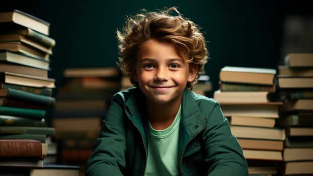 A boy surrounded by healing books isolated on a green gradient background photo