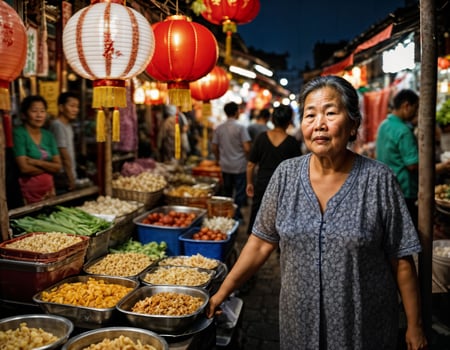 photo of senior old seller woman in china local street market at night, generative AI
