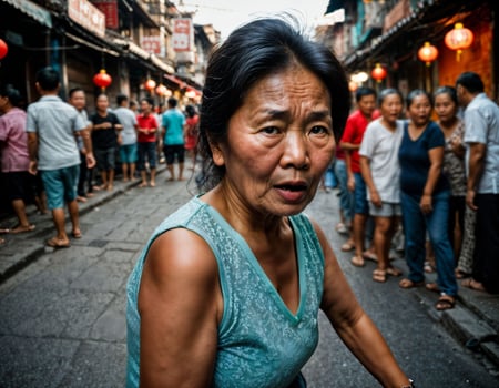 photo of senior old woman with angry mood in china local street market at night, generative AI
