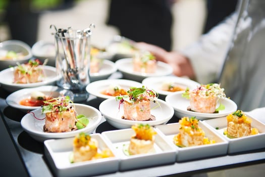Salmon tatrare in small plates, catering event, banquet food photo