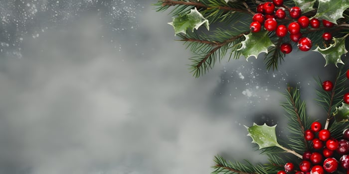 Christmas flat lay mockup banner with fir tree branches, holly and red berries on dark background with copy space. Top view of winter holiday concept composition. AI Generative photo