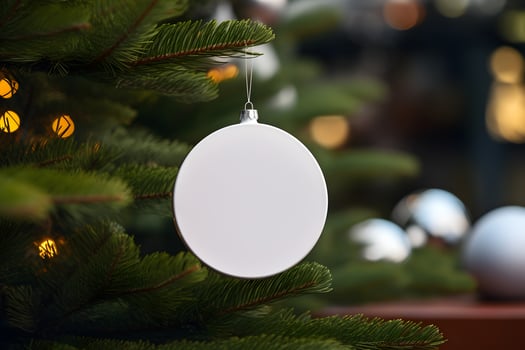 Christmas white glossy round bauble ornament on christmas tree with decoration and blurred bokeh lights background. photo