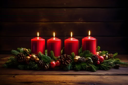 Four red burning candles for german advent season. Christmas wreath decoration on dark wooden background. photo