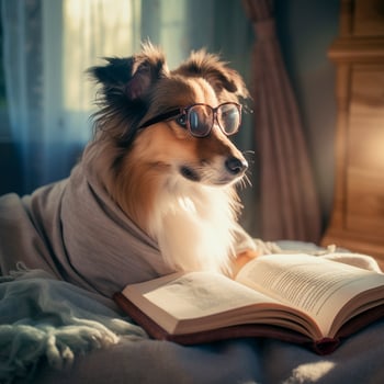 photo of a cute dog with glasses reading a book AI Generative