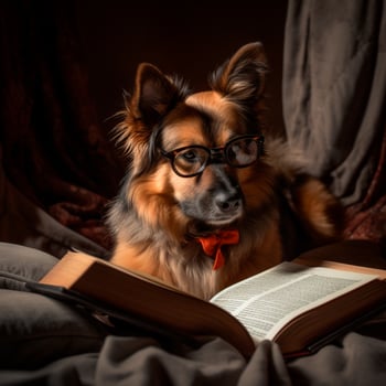 photo of a cute dog with glasses reading a book AI Generative