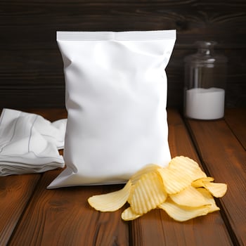 AI generated Blank white chips packaging mockup standing on wooden table with potato chips photo