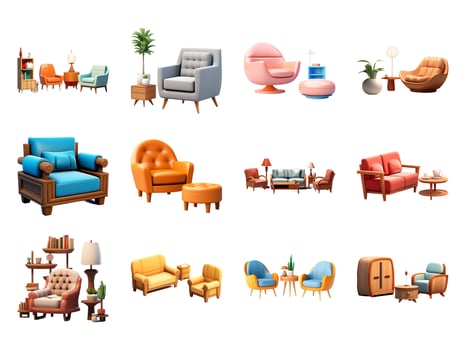 Furniture collection isolated on white background with AI generated. photo