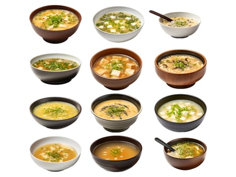 AI generated miso soup collection isolated on white background photo