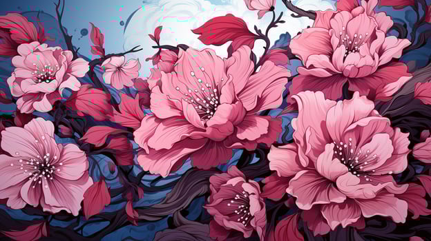 AI generated pink floral lineart background photo