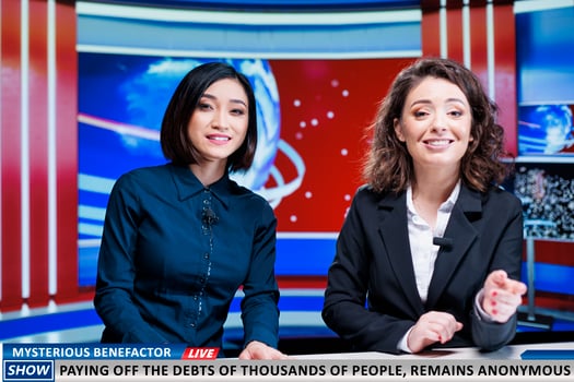 Anonymous sponsor paying debts for people in need, journalists team discussing about generous misterious benefactor donating part of his money. Morning show hosts presenting live news. photo