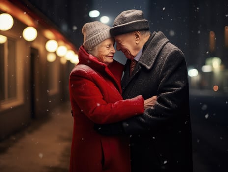 AI Generated Ai generation. Smiling elderly couple hugging against the backdrop of a winter street photo