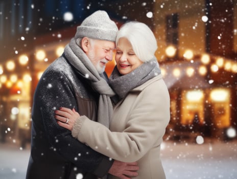 AI Generated Ai generation. Smiling elderly couple hugging against the backdrop of a winter street photo