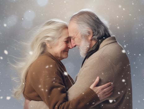 AI Generated Ai generation. Smiling elderly couple hugging against the backdrop of a winter street photo