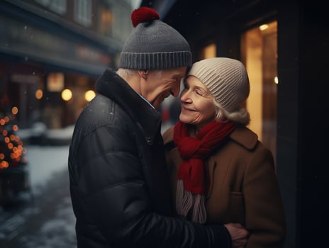 AI Generated Ai generation. Smiling elderly couple hugging against the backdrop of a winter street photo