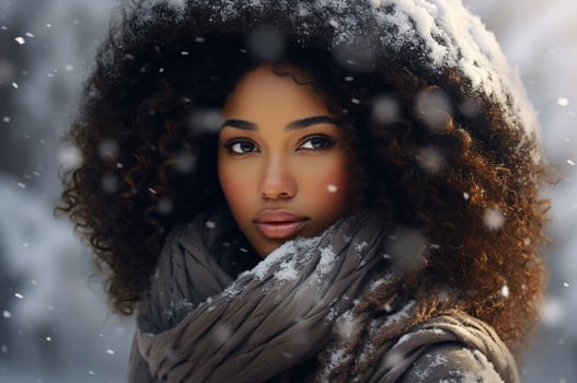 Black-skinned beautiful woman in Russian winter. Generative AI photo