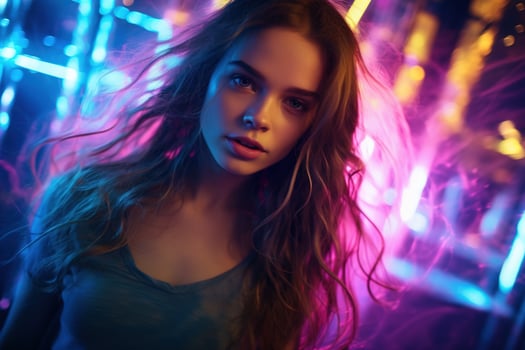 Portrait of young beautiful woman dancing in night club with lights. AI generated photo