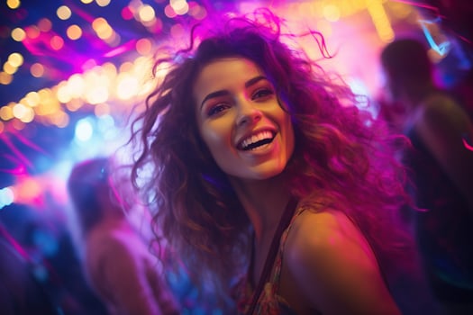 Portrait of young beautiful woman dancing in night club with lights. AI generated photo