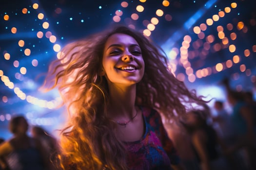 Portrait of young beautiful woman dancing in night club with lights. AI generated photo