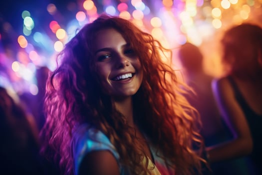 Portrait of young beautiful woman dancing in night club with lights. AI generated photo